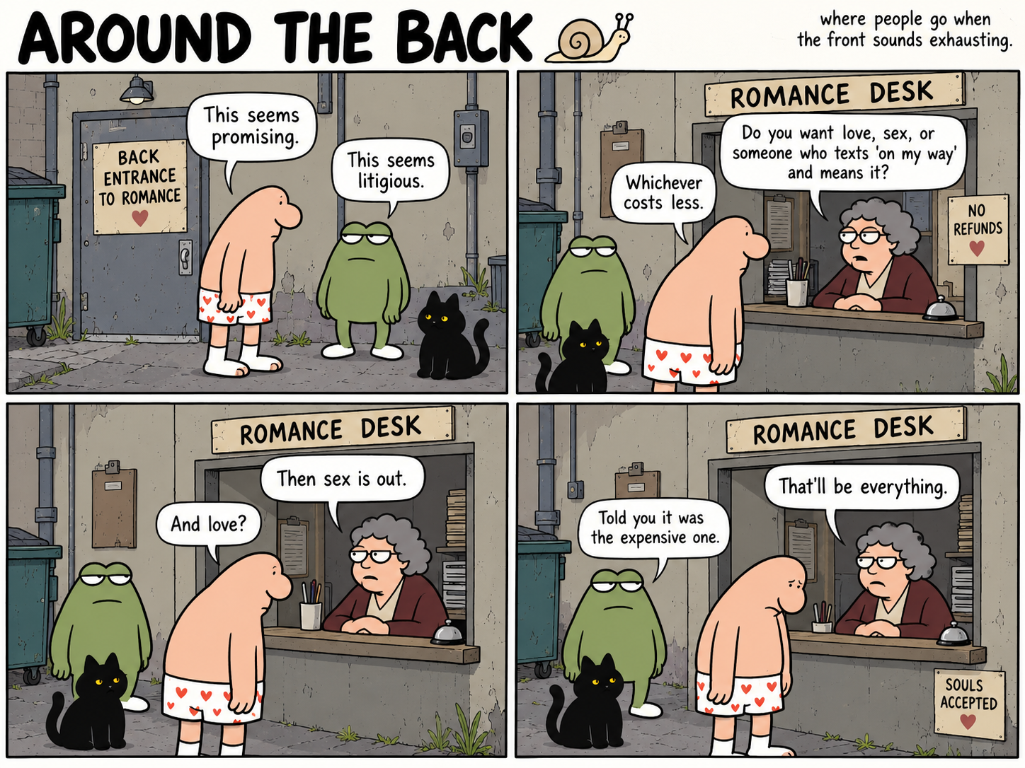 Four-panel comic: a man in heart-patterned boxers, a green frog and a black cat visit a back-alley Romance Desk, where a clerk explains the cost of love.