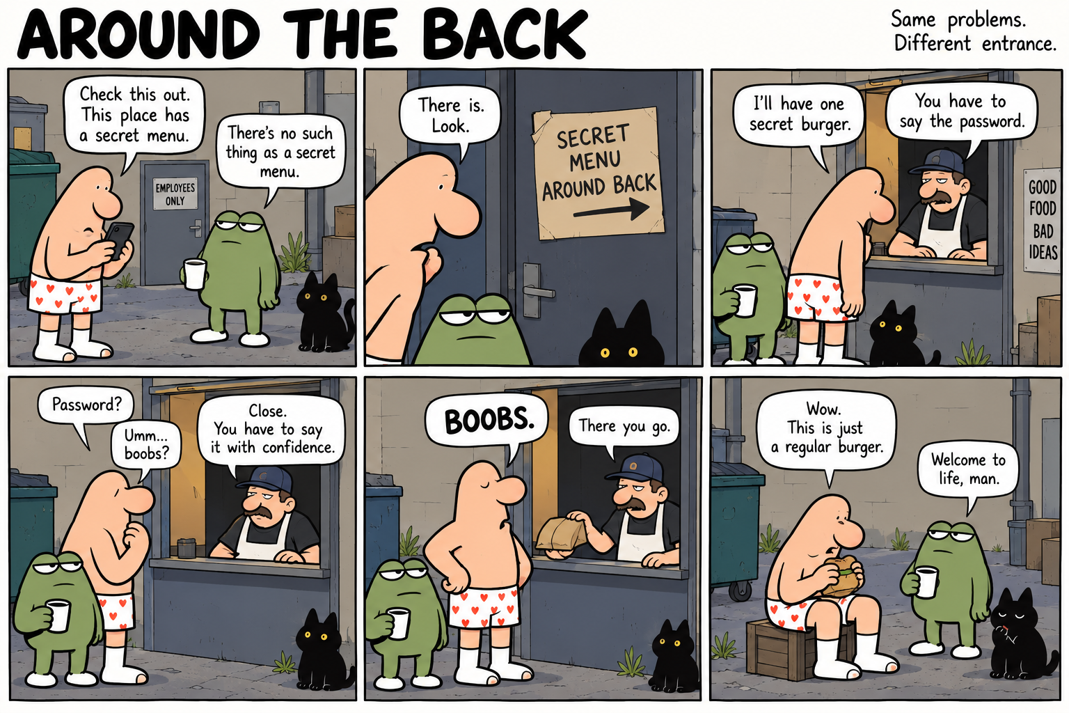 Six-panel comic: a man in heart-patterned boxers follows a secret-menu sign to a back-alley food window with a green frog and a black cat, learns a password and gets an ordinary burger.